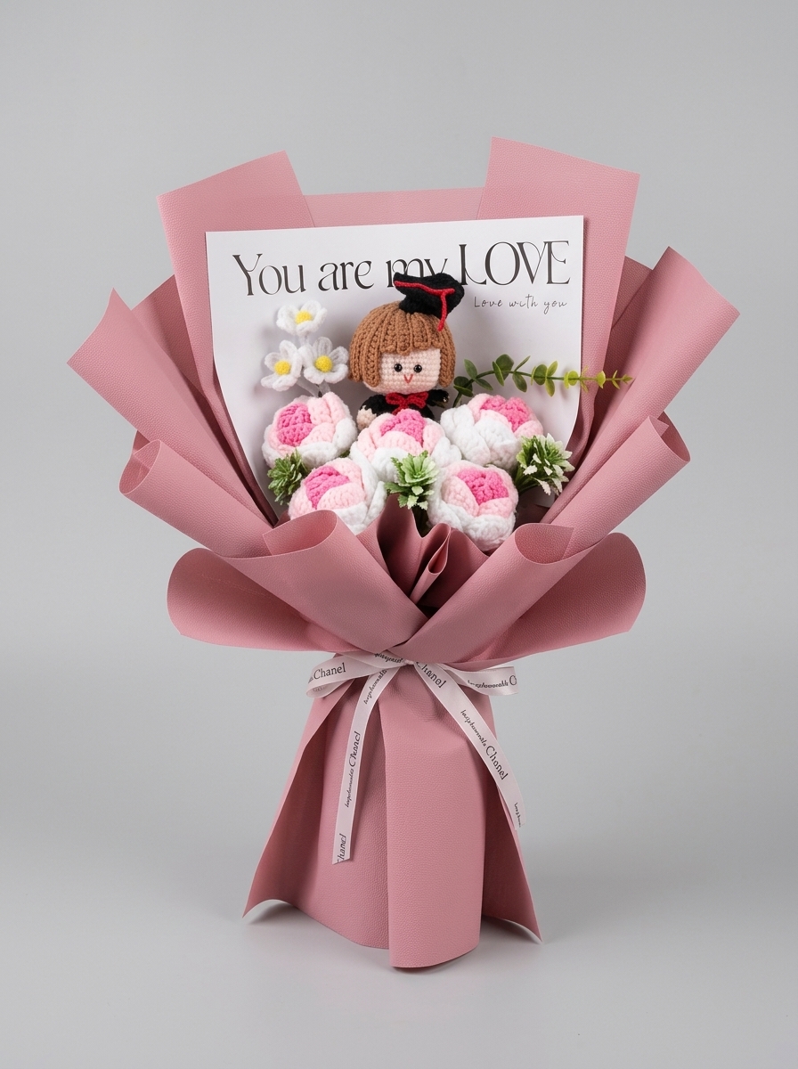 Bó Hoa Len Kèm Búp Bê – Cốt Hoa Nina HCM